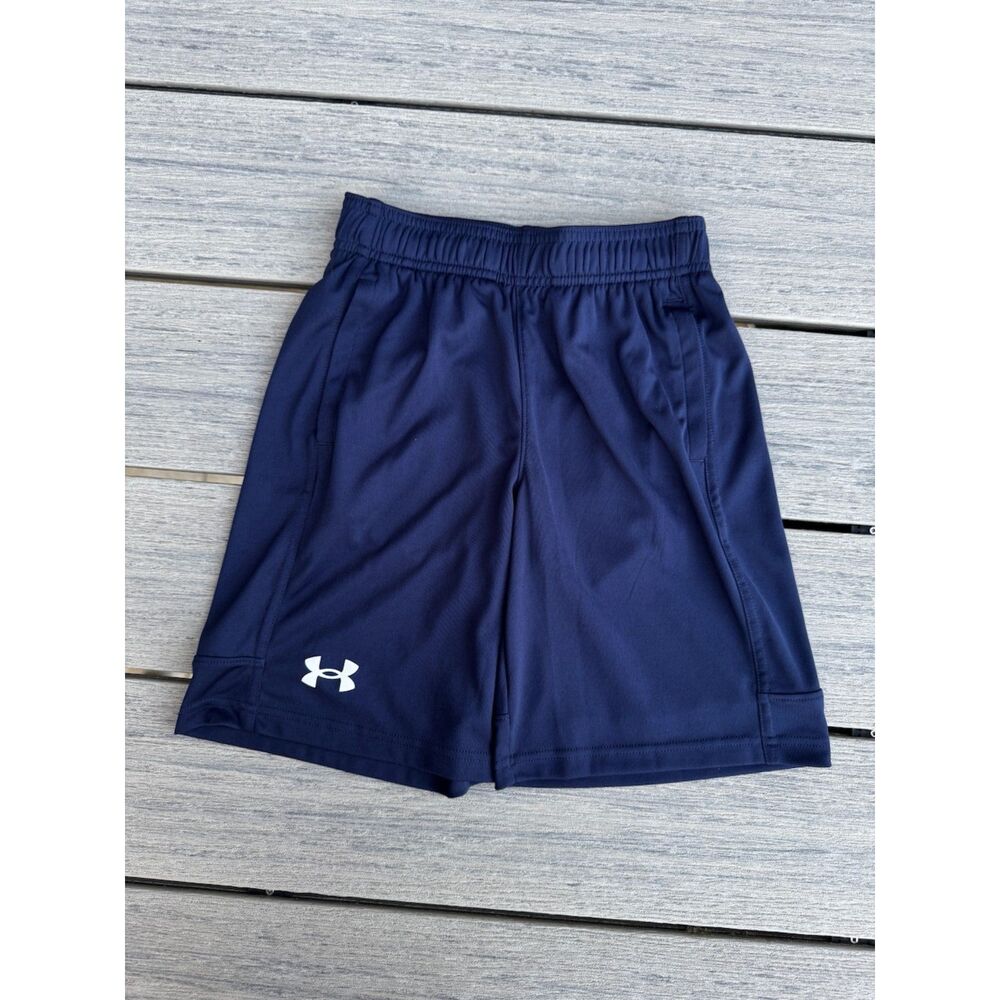 Under Armour Youth Small Navy Athletic Shorts Logo Gym Active Running Pockets